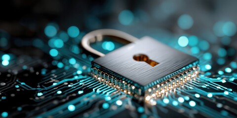 Aufkleber - Padlock on Circuit Board With Glowing Lights, Representing Cybersecurity and Data Protection for Modern Technology Solutions and Online Privacy : Generative AI