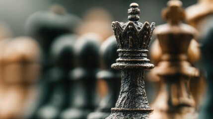 Poster - Chess Queen Piece in Sharp Focus, Symbolizing Strategic Planning and Leadership Skills, Standing Out Among the Other Pieces : Generative AI