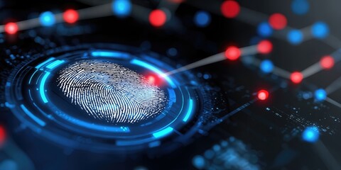Aufkleber - Digital Fingerprint Scan With Glowing Red and Blue Network Nodes, Representing Biometric Security and Technological Innovation for Business Solutions : Generative AI