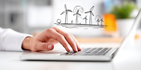 Poster - Hand Typing on Laptop with Wind Turbine Doodle, Representing Green Energy Innovation and Environmental Responsibility in the Workplace : Generative AI