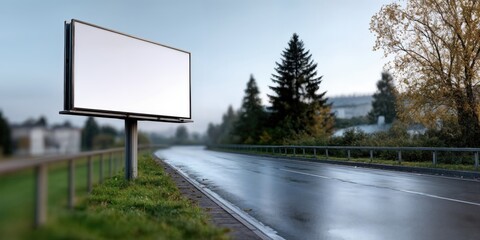 Poster - Blank Billboard on Roadside in Autumn, Ideal for Outdoor Advertising and Marketing Campaigns, Offering Brand Visibility and Strategic Placement : Generative AI