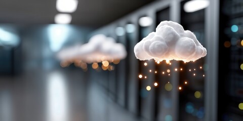 Fototapete - Fluffy Cloud With Glowing Light Particles in Data Center, Illustrating Cloud Computing and Digital Transformation for Business Solutions : Generative AI