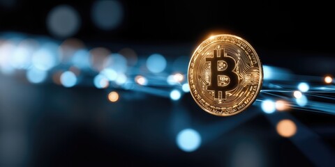 Aufkleber - Golden Bitcoin Coin Floating Among Blue Light Trails, Representing Cryptocurrency Investment and Digital Finance Innovation : Generative AI