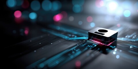 Leinwandbilder - Microchip on Circuit Board With Glowing Lights, Symbolizing Technological Advancement and Digital Transformation in the Modern Era : Generative AI