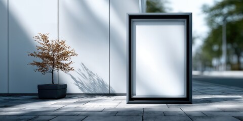 Poster - Blank Billboard Mockup Next to a Tree Against a Modern Building, Ideal for Advertising and Urban Design Projects, Offering a Clean and Minimalist Aesthetic : Generative AI
