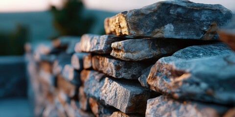 Poster - Stacked Stone Wall at Sunset, Representing Strength and Foundation in Construction and Landscape Design Projects : Generative AI