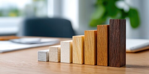 Aufkleber - Wooden Block Graph on Table, Representing Business Growth, Financial Success, and Career Advancement in a Bright Office Environment : Generative AI