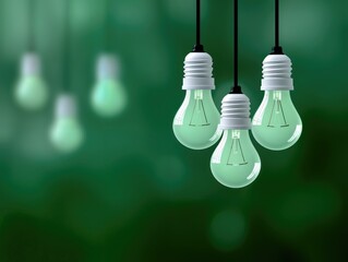 Poster - Three Light Bulbs Hanging Against Green Background, Representing Innovation and Bright Ideas for Business Solutions and Sustainable Energy : Generative AI