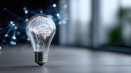Poster - Glowing Brain Inside Lightbulb on Desk, Symbolizing Innovation and Creative Solutions for Business Development and Artificial Intelligence : Generative AI