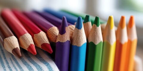 Aufkleber - Close-Up of Colorful Pencils on Striped Fabric, Representing Creativity, Education, and Artistic Expression for Back to School Projects : Generative AI