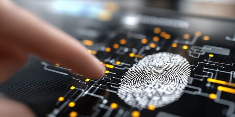 Fototapete - Finger Touching Fingerprint Scan on Futuristic Interface, Representing Biometric Security and Digital Transformation in Cybersecurity : Generative AI