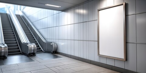 Aufkleber - Blank White Billboard in Subway Station Next to Escalators, Ideal for Public Service Announcement and Urban Advertising Campaigns : Generative AI