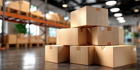 Poster - Stacked Cardboard Boxes in Warehouse Setting, Depicting Supply Chain Efficiency and Logistics Management : Generative AI