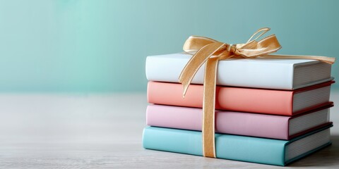 Poster - Stack of Pastel Books Tied With Gold Ribbon, Representing Education, Knowledge, and Academic Achievement for Back to School Promotions and Educational Content : Generative AI