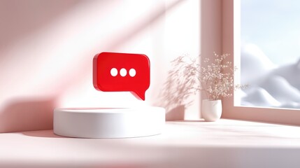 Poster - Red Speech Bubble on White Pedestal in Soft Pink Room, Symbolizing Communication and Social Media Marketing : Generative AI