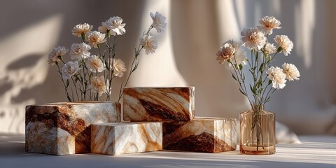 Poster - Floral Display With Marble Blocks and Glass Vase in Soft Light, Representing Elegance for Product Presentation and Interior Decoration : Generative AI