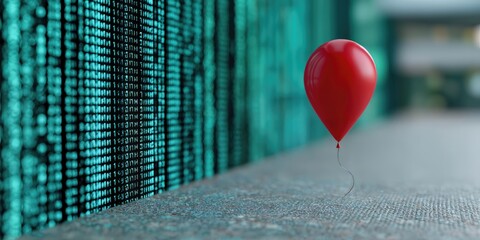 Fototapete - Red Balloon Against a Wall of Binary Code, Representing Data Breach and Cybersecurity Vulnerability for IT Solutions and Risk Management : Generative AI