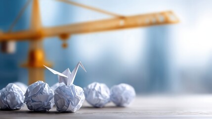 Poster - Paper Crane Standing on Crumpled Paper Balls With a Construction Crane in the Background, Representing Innovation and Project Management : Generative AI