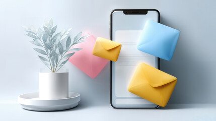 Poster - Smartphone Displaying Email Notifications With Colorful Envelopes and Plant, Illustrating Digital Communication and Modern Technology : Generative AI