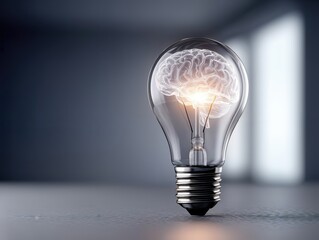 Poster - Glowing Brain Inside a Light Bulb on a Reflective Surface, Illustrating Innovation and Artificial Intelligence, Ideal for Technology and Brainstorming Concepts : Generative AI