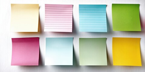 Poster - Colorful Sticky Notes on White Wood, Representing Organization and Reminders for Project Management and Creative Brainstorming Sessions, Perfect for Office Communication : Generative AI