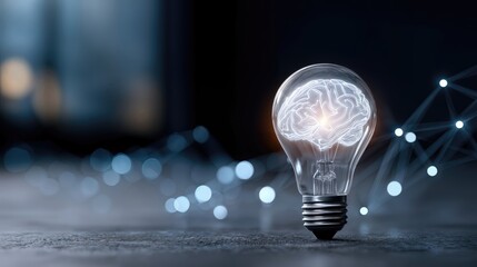 Poster - Glowing Brain Inside Lightbulb on Table, Symbolizing Innovation and Artificial Intelligence for Business Solutions : Generative AI