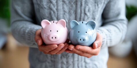 Poster - Woman Holding Pink and Blue Piggy Banks, Symbolizing Financial Planning and Investment Strategy for Future Savings and Retirement Goals : Generative AI