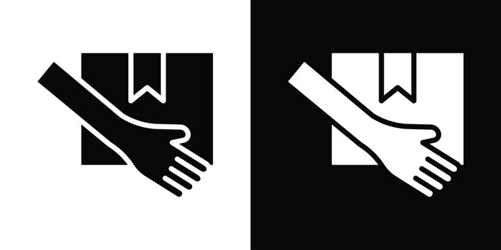 Hand holding box icon in flat version on black and white background