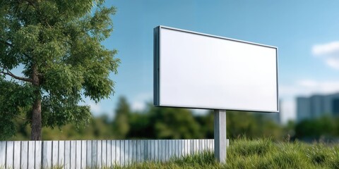 Poster - Blank Billboard in Green Field Under Blue Sky, Ideal for Advertising Campaigns and Marketing Promotions : Generative AI