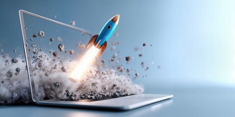 Aufkleber - Rocket Launching From Laptop Screen With Debris, Representing Business Startup and Technological Innovation in E-Commerce : Generative AI