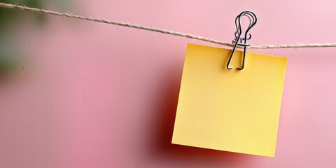 Poster - Yellow Sticky Note Hanging on String with Clothespin Against Pink Backdrop, Illustrating Organization and Office Productivity : Generative AI