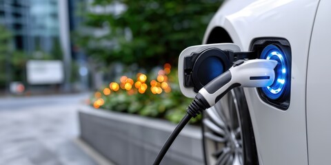 Poster - Electric Car Charging at Station With Blue Light, Illustrating Sustainable Energy and Technological Innovation for Future Transportation : Generative AI