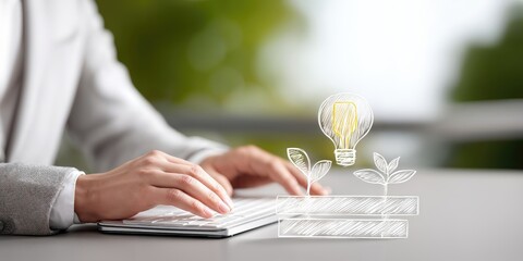 Aufkleber - Woman Typing on Keyboard with Lightbulb and Plant Drawings, Illustrating Business Innovation and Sustainable Development Goals in the Workplace : Generative AI