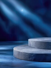 Aufkleber - Two-Tiered Round Stone Pedestal in Blue Light, Ideal for Product Presentation and Minimalist Marketing Campaigns : Generative AI
