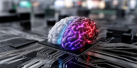 Poster - Glowing Brain on Circuit Board, Representing Artificial Intelligence and Technological Advancement in Healthcare and Scientific Research, Innovation and Progress : Generative AI