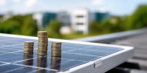 Aufkleber - Stacks of Coins on Solar Panel Against Blurred Building, Illustrating Green Energy Investment and Sustainable Finance : Generative AI