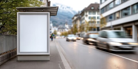 Poster - Blank Billboard at Bus Stop in Cityscape, Perfect for Urban Marketing and Advertising Campaigns, Reaching Commuters and Local Residents With Targeted Messaging : Generative AI