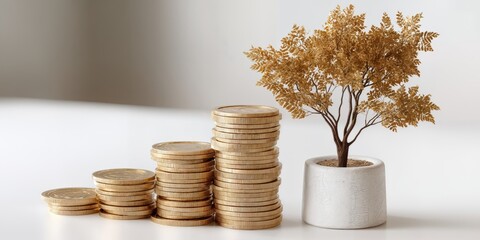 Aufkleber - Golden Coin Stacks With Tree Symbolizing Financial Growth and Investment Opportunity, Representing Wealth Management and Sustainable Prosperity : Generative AI