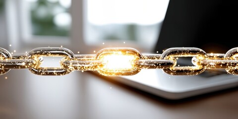 Aufkleber - Glowing Chain Link on Laptop, Symbolizing Blockchain Technology and Secure Connection for Digital Transformation and Cybersecurity Solutions : Generative AI