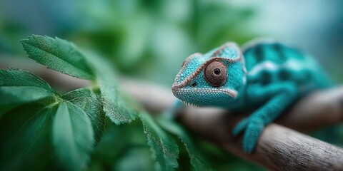 Poster - Close-Up of a Teal Chameleon on a Branch, Symbolizing Adaptability and Environmental Awareness for Conservation Campaigns : Generative AI