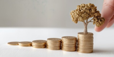 Leinwandbilder - Golden Tree Growing From Stacked Coins, Representing Investment Growth and Financial Planning for Future Success and Retirement Savings, with Hand Touching Tree : Generative AI