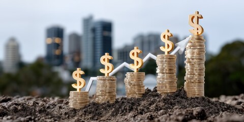 Leinwandbilder - Stacks of Coins and Dollar Symbols Growing From Soil, Representing Financial Growth and Investment Strategies for Business Development and Wealth Management : Generative AI