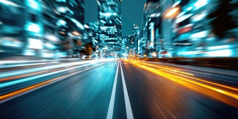Aufkleber - Cityscape at Night With Light Streaks, Representing Speed and Technological Advancement in Urban Planning and Infrastructure : Generative AI