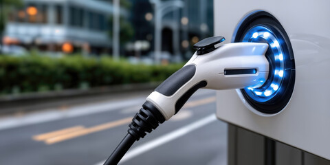 Poster - Electric Vehicle Charger Plugged Into Charging Station, Showcasing Sustainable Energy and Eco-Friendly Transportation : Generative AI