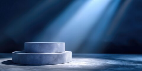 Aufkleber - Two Tiered Round Concrete Pedestal Under Spotlight, Showcasing Product Presentation and Minimalist Style in Interior Design : Generative AI