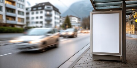 Poster - Blank Billboard at Bus Stop in Urban Setting With Blurred Traffic, Ideal for Outdoor Advertising and Marketing Campaigns, Promoting Visibility and Awareness : Generative AI