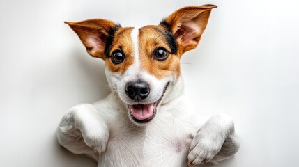 Poster - Happy Jack Russell Terrier Lying on Its Back, Conveying Pet Adoption and Animal Companionship, Perfect for Veterinary Clinic Marketing and Pet Store Advertising : Generative AI