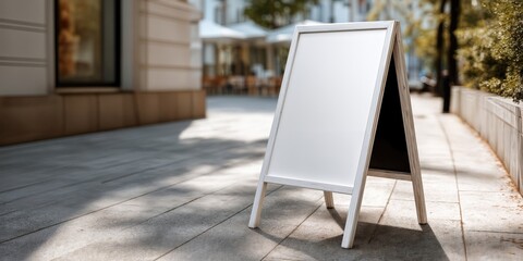 Poster - Blank White Sandwich Board on Sidewalk, Perfect for Restaurant Promotion and Business Advertising, Providing Space for Custom Message and Special Offers : Generative AI