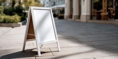 Poster - Blank White Sandwich Board on Sidewalk, Ready for Advertising and Retail Promotion in Urban Setting, Ideal for Restaurant or Small Business : Generative AI