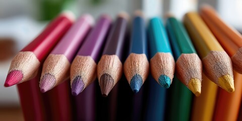 Aufkleber - Close-Up of Colorful Pencils in a Row, Representing Creativity, Education, and Artistic Expression for Back to School Campaigns and Creative Projects : Generative AI